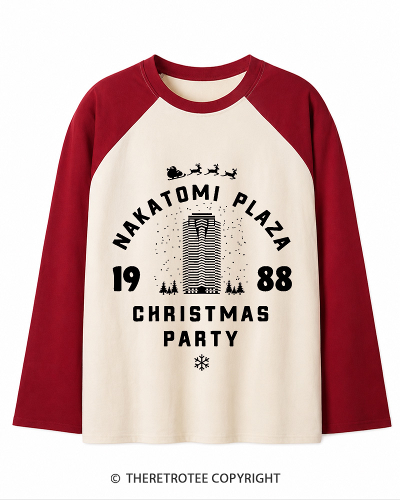 TheRetroTee Nakatomi Plaza Christmas Party 1980s Christmas Long Sleeve Raglan T-Shirt