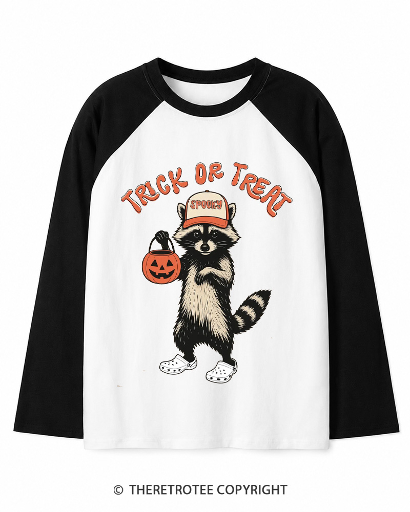 TheRetroTee Trick Or Treat 1990s Long Sleeve Raglan T-Shirt