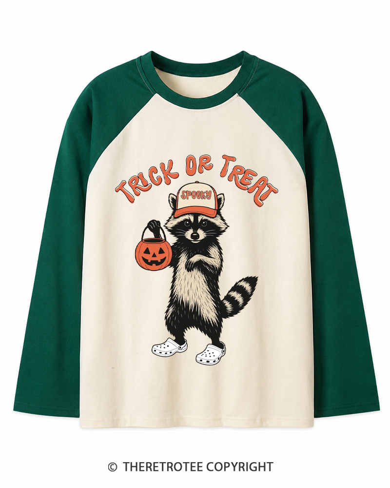 TheRetroTee Trick Or Treat 1990s Long Sleeve Raglan T-Shirt