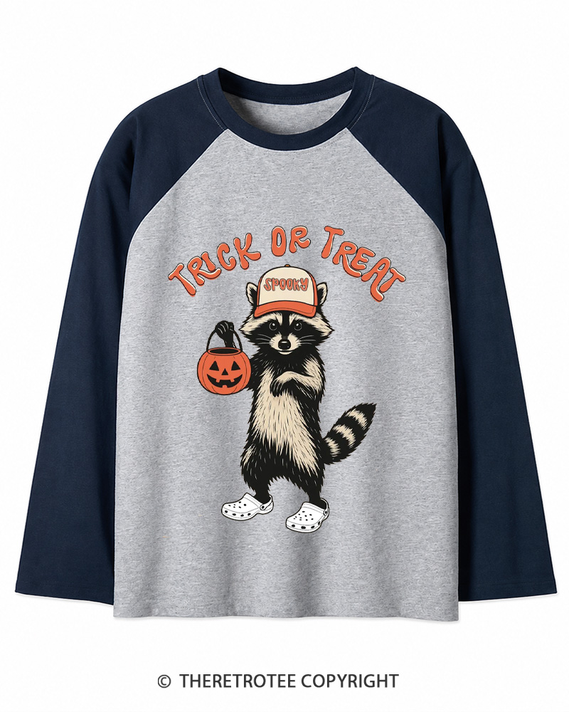TheRetroTee Trick Or Treat 1990s Long Sleeve Raglan T-Shirt