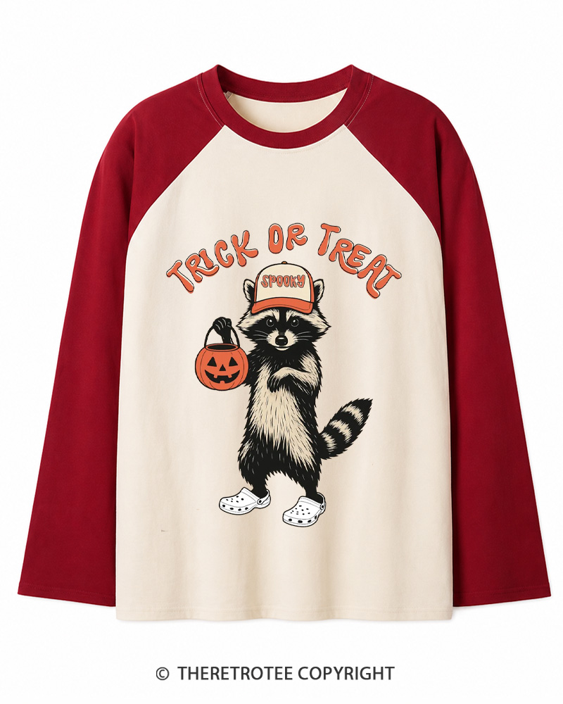 TheRetroTee Trick Or Treat 1990s Long Sleeve Raglan T-Shirt