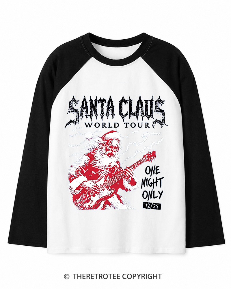 TheRetroTee Santa Claus World Tour 1980s Christmas Long Sleeve Raglan T-Shirt