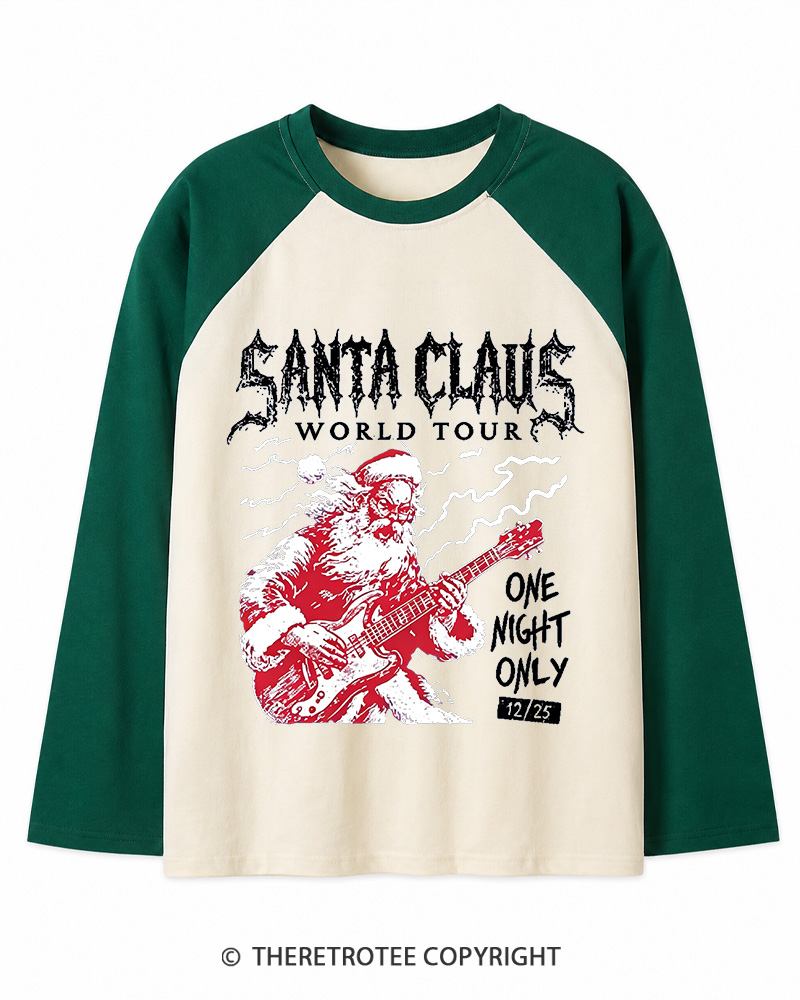 TheRetroTee Santa Claus World Tour 1980s Christmas Long Sleeve Raglan T-Shirt