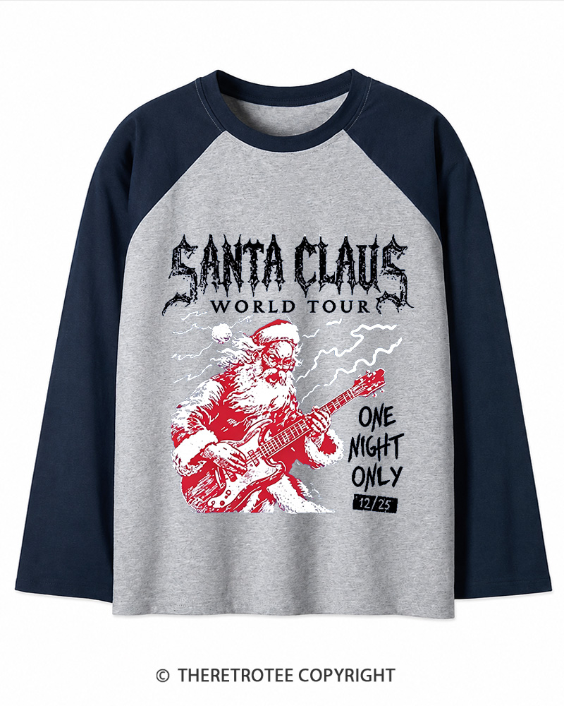 TheRetroTee Santa Claus World Tour 1980s Christmas Long Sleeve Raglan T-Shirt