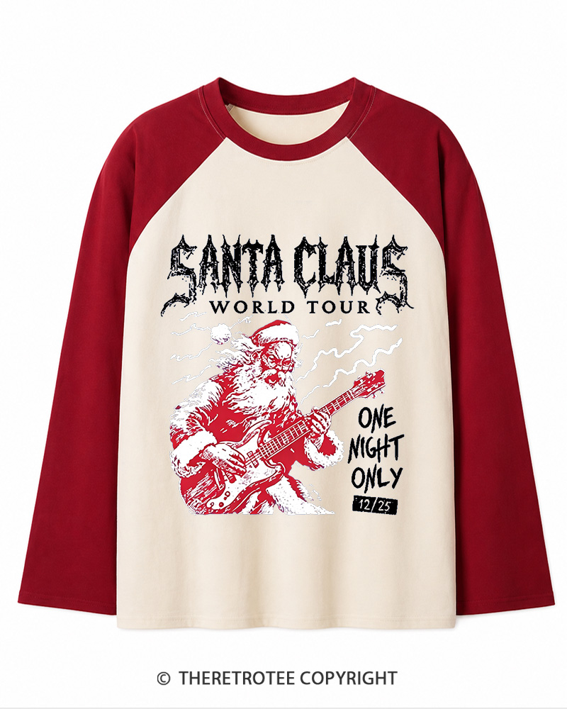 TheRetroTee Santa Claus World Tour 1980s Christmas Long Sleeve Raglan T-Shirt
