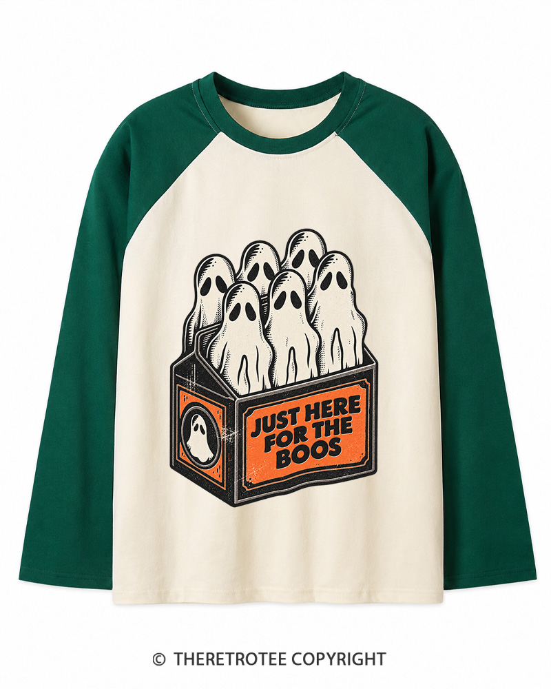 TheRetroTee Just Here For The Boos 1990s Long Sleeve Raglan T-Shirt