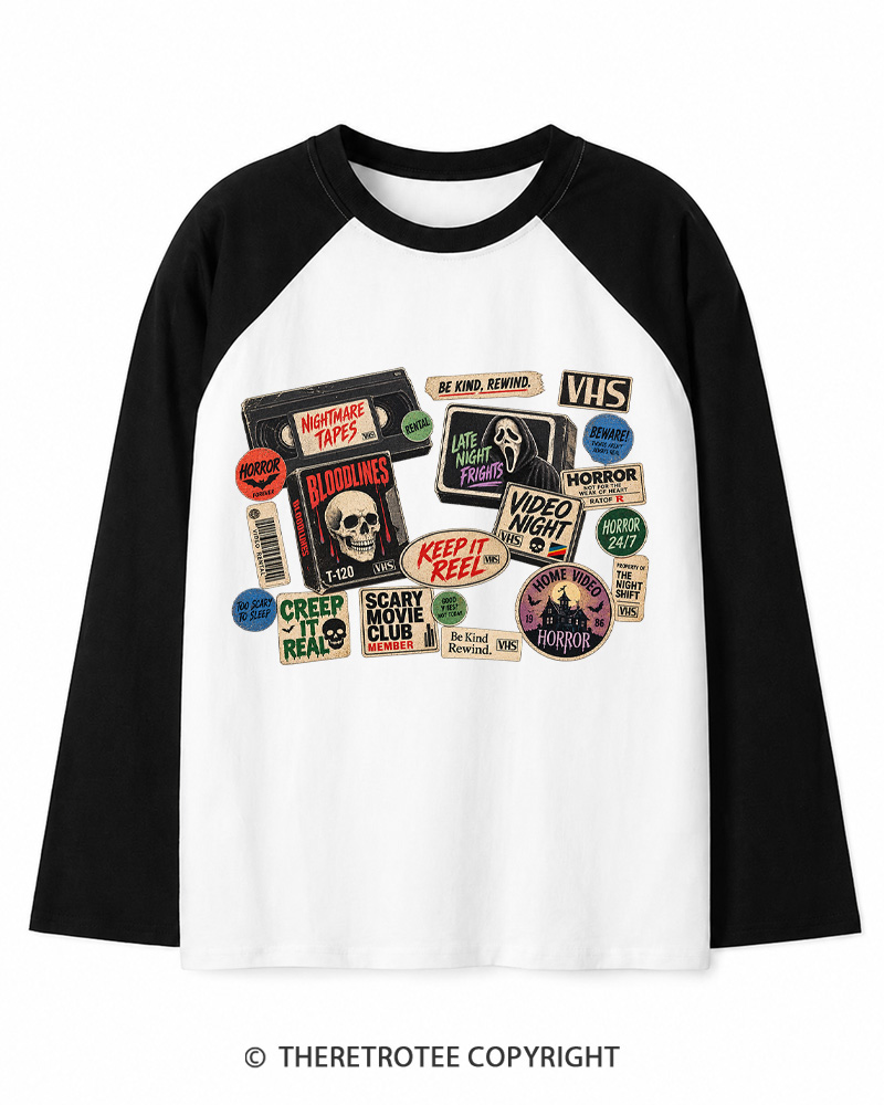 TheRetroTee VHS Horror 1980s Long Sleeve Raglan T-Shirt