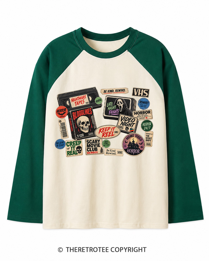 TheRetroTee VHS Horror 1980s Long Sleeve Raglan T-Shirt