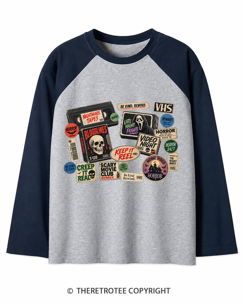 TheRetroTee VHS Horror 1980s Long Sleeve Raglan T-Shirt