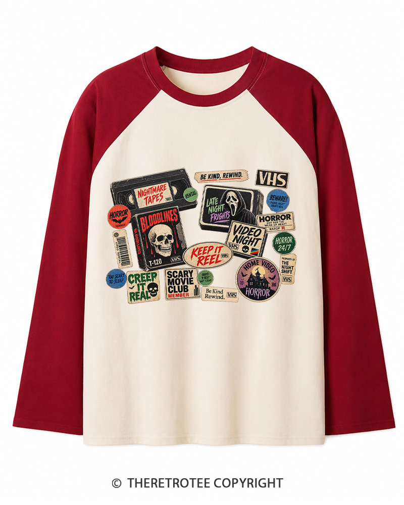 TheRetroTee VHS Horror 1980s Long Sleeve Raglan T-Shirt