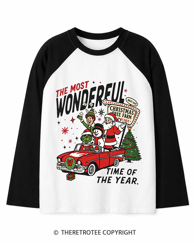 TheRetroTee The Most Wonderful Time Of The Year 1960s Christmas Long Sleeve Raglan T-Shirt