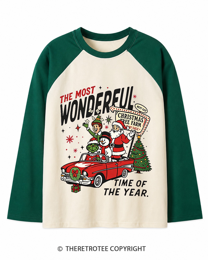 TheRetroTee The Most Wonderful Time Of The Year 1960s Christmas Long Sleeve Raglan T-Shirt
