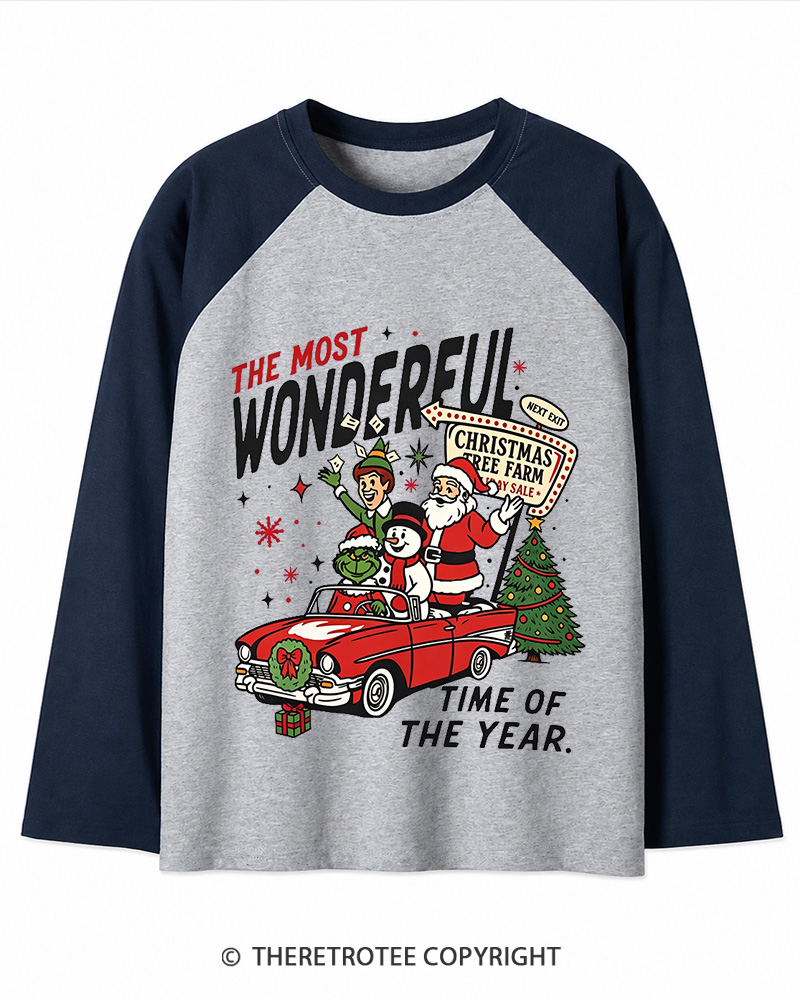 TheRetroTee The Most Wonderful Time Of The Year 1960s Christmas Long Sleeve Raglan T-Shirt