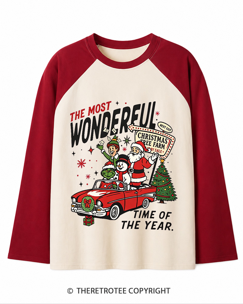 TheRetroTee The Most Wonderful Time Of The Year 1960s Christmas Long Sleeve Raglan T-Shirt