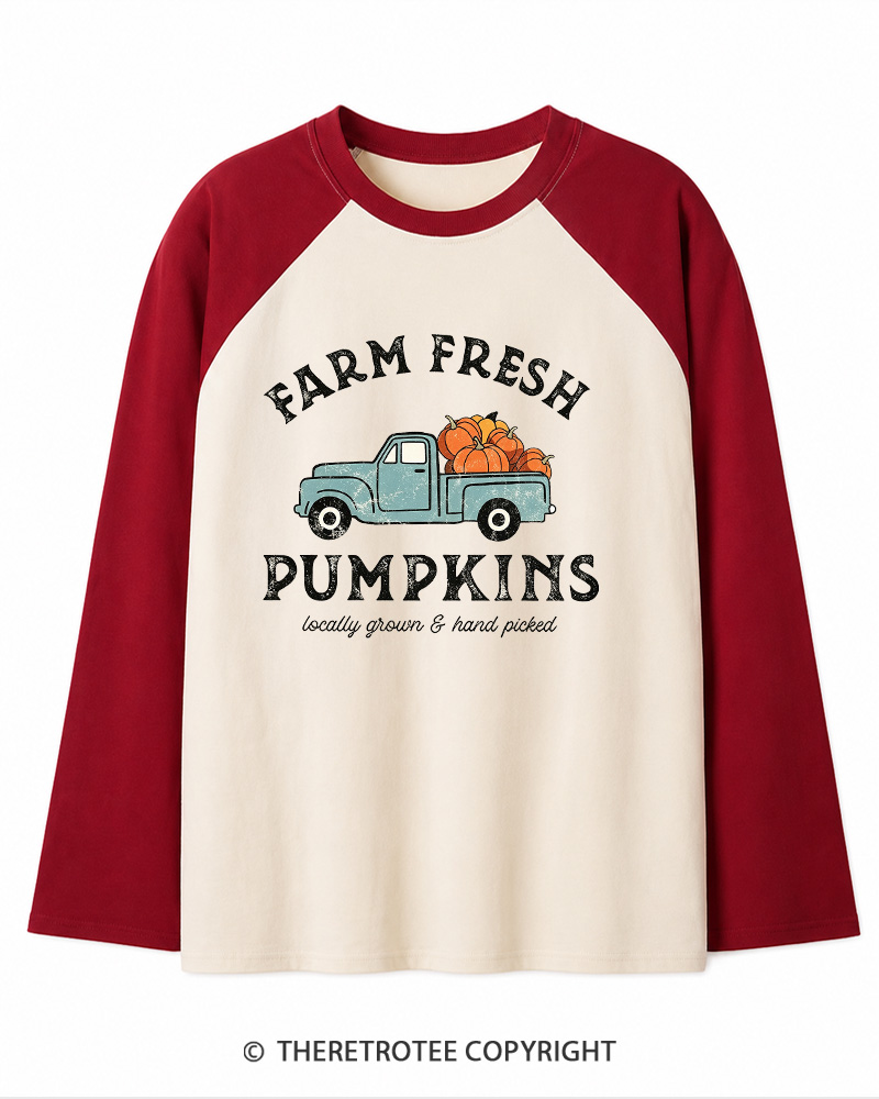 TheRetroTee Farm Fresh Pumpkins 1950s Long Sleeve Raglan T-Shirt
