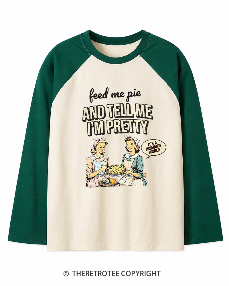 TheRetroTee Feed Me Pie 1950s Long Sleeve Raglan T-Shirt
