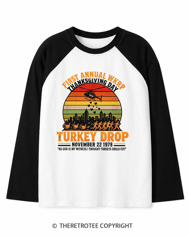 TheRetroTee First Annual WKRP Thanksgiving Day Turkey Drop 1970s Long Sleeve Raglan T-Shirt