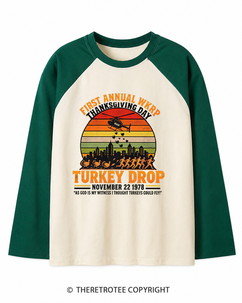 TheRetroTee First Annual WKRP Thanksgiving Day Turkey Drop 1970s Long Sleeve Raglan T-Shirt