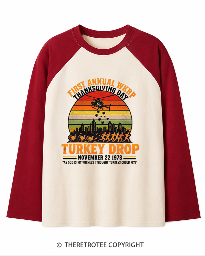 TheRetroTee First Annual WKRP Thanksgiving Day Turkey Drop 1970s Long Sleeve Raglan T-Shirt