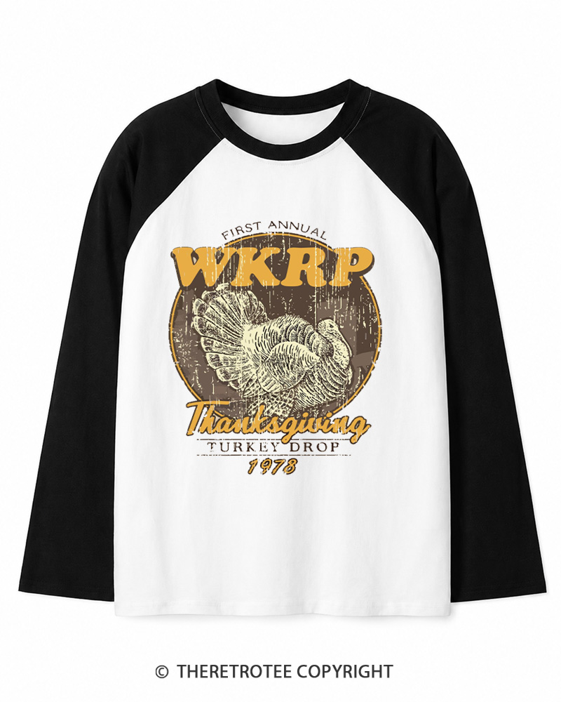 TheRetroTee First Annual WKRP Thanksgiving Turkey Drop 1970s Long Sleeve Raglan T-Shirt