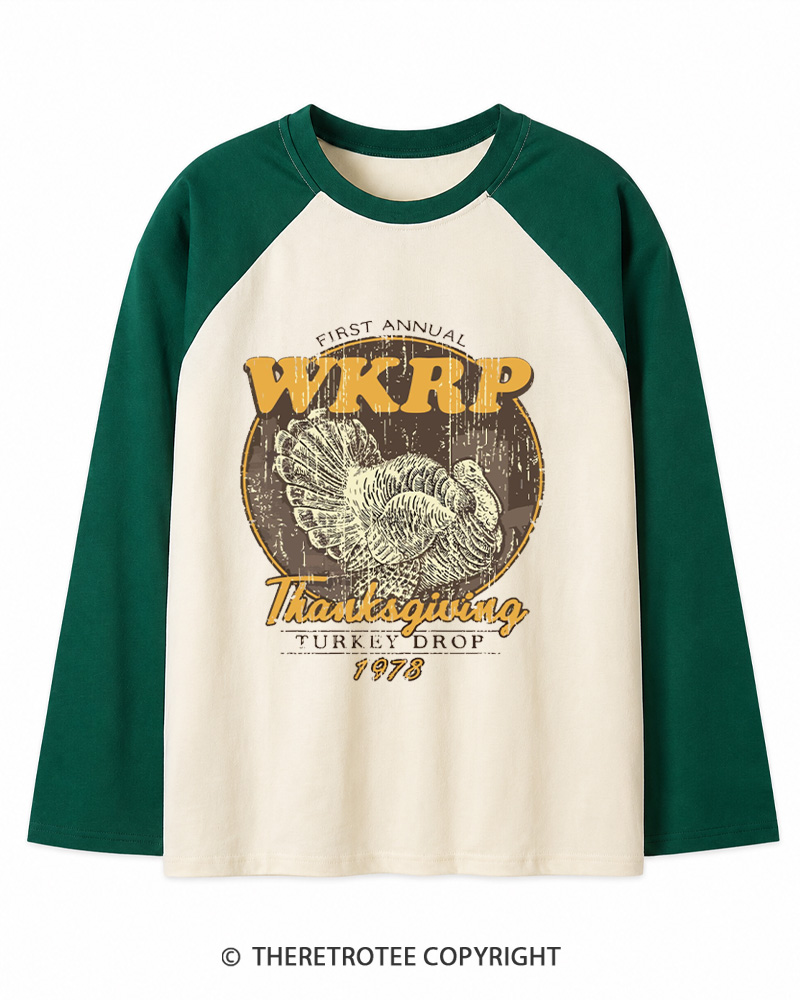 TheRetroTee First Annual WKRP Thanksgiving Turkey Drop 1970s Long Sleeve Raglan T-Shirt