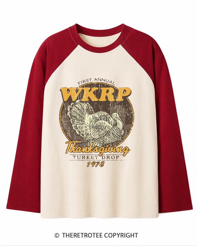TheRetroTee First Annual WKRP Thanksgiving Turkey Drop 1970s Long Sleeve Raglan T-Shirt