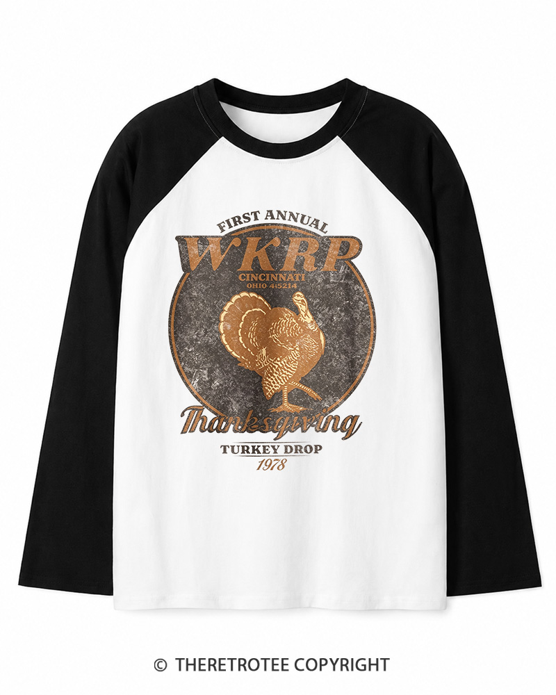TheRetroTee First Annual WKRP Thanksgiving Turkey Drop 1980s Long Sleeve Raglan T-Shirt