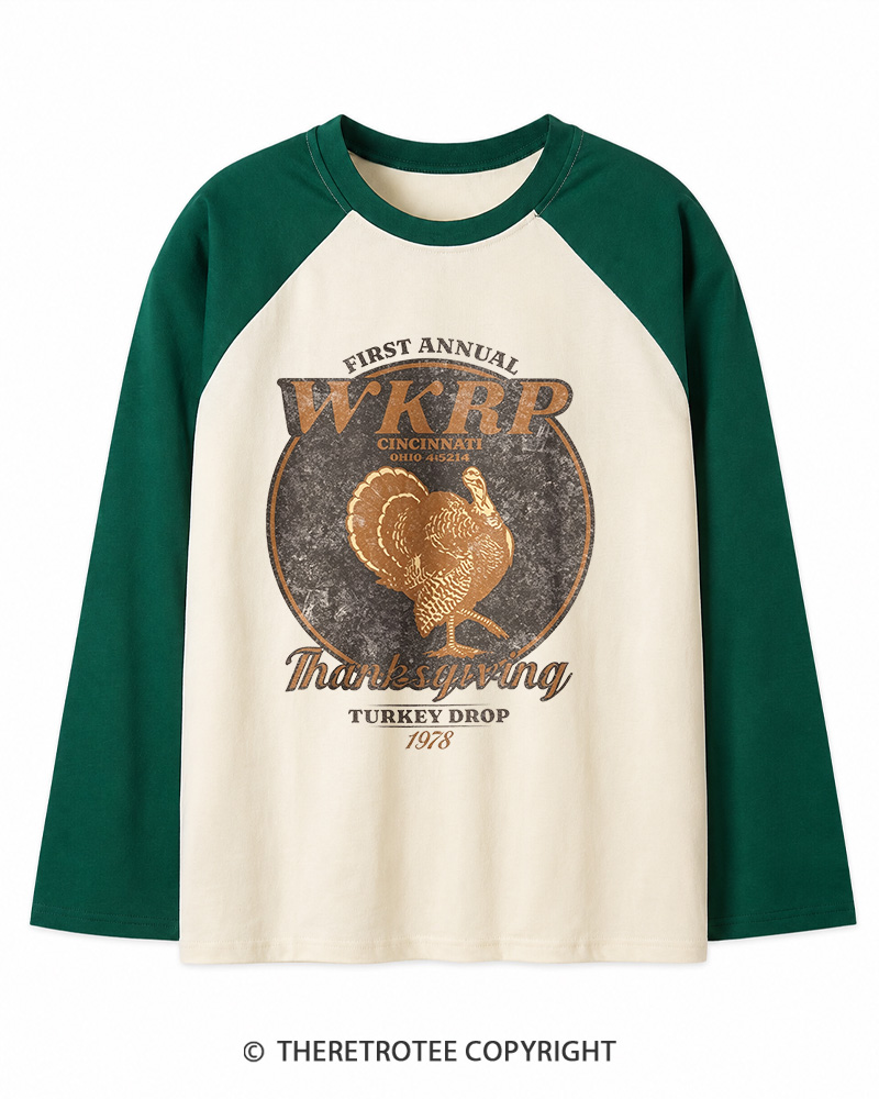 TheRetroTee First Annual WKRP Thanksgiving Turkey Drop 1980s Long Sleeve Raglan T-Shirt