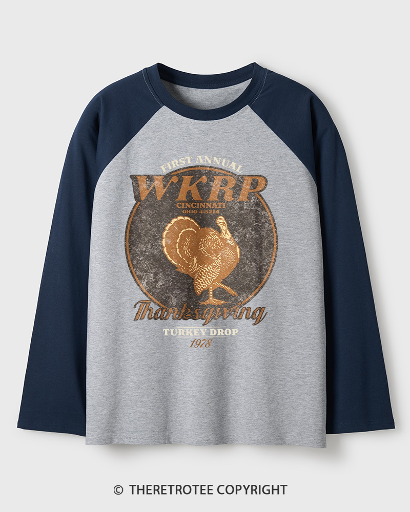 TheRetroTee First Annual WKRP Thanksgiving Turkey Drop 1980s Long Sleeve Raglan T-Shirt
