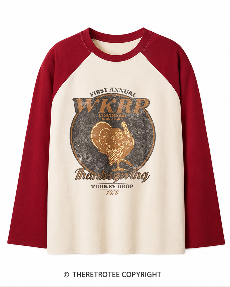 TheRetroTee First Annual WKRP Thanksgiving Turkey Drop 1980s Long Sleeve Raglan T-Shirt