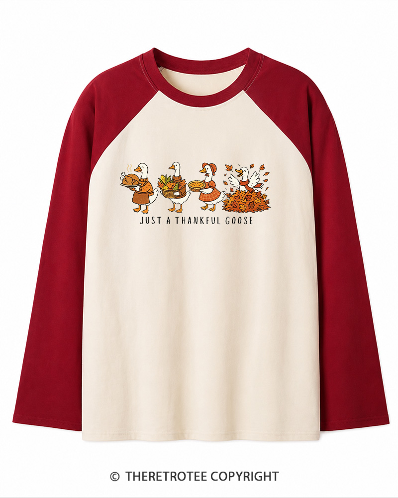 TheRetroTee Just a Thankful Goose 1980s Long Sleeve Raglan T-Shirt