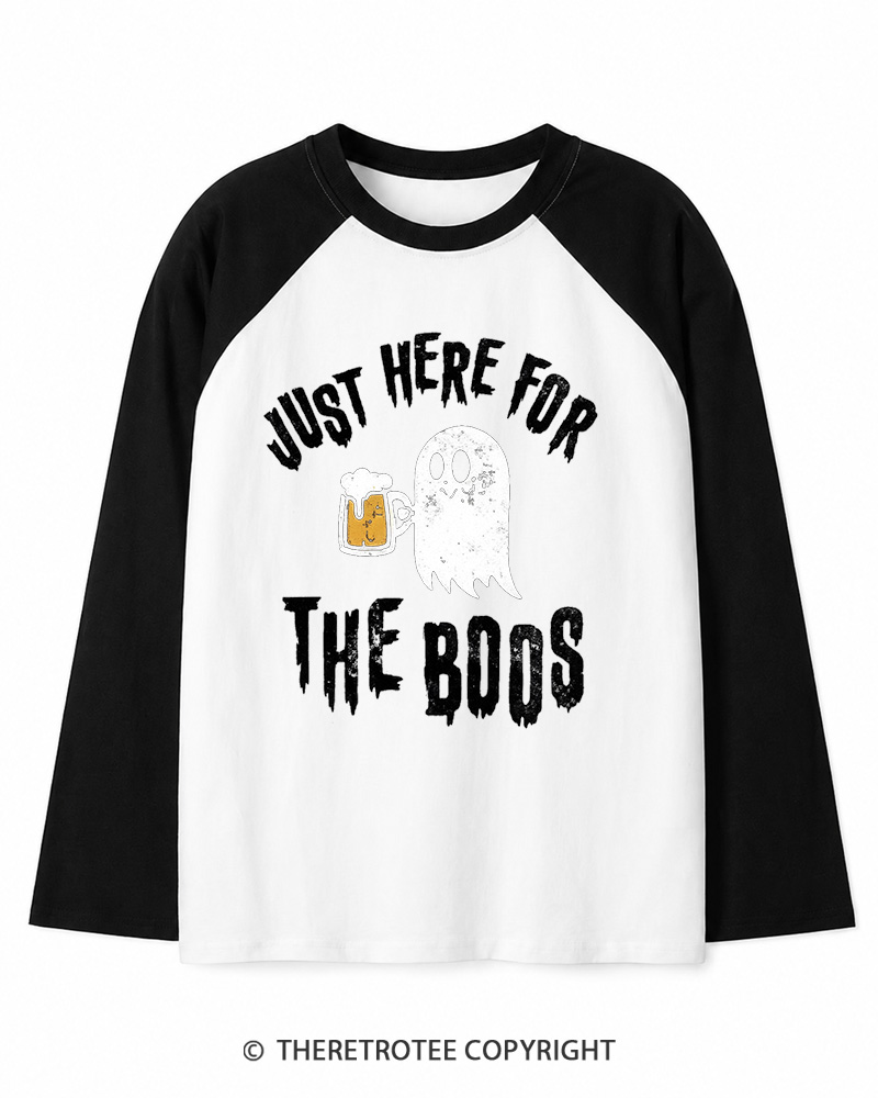 TheRetroTee Just Here For The Boos 1980s Long Sleeve Raglan T-Shirt