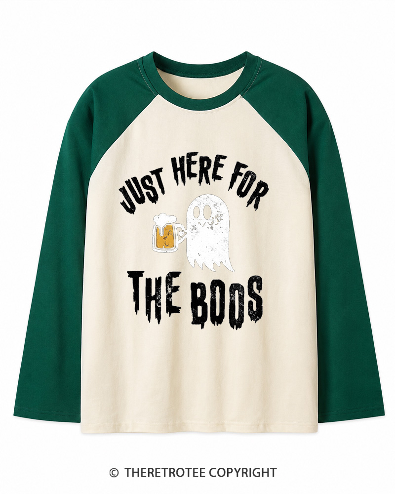 TheRetroTee Just Here For The Boos 1980s Long Sleeve Raglan T-Shirt