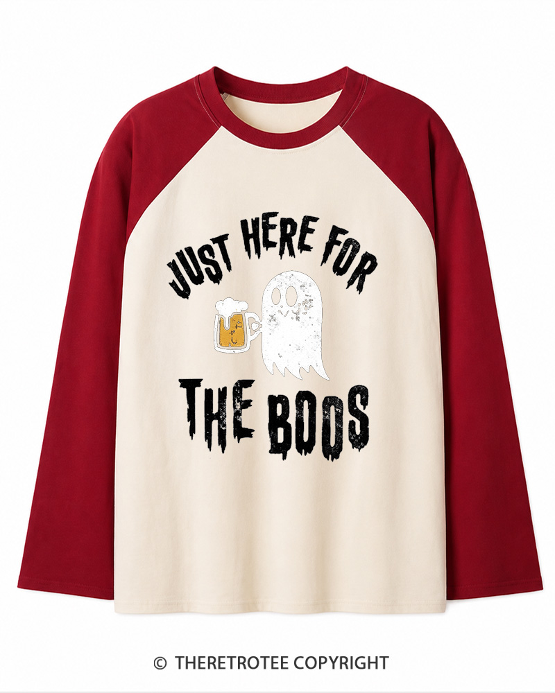 TheRetroTee Just Here For The Boos 1980s Long Sleeve Raglan T-Shirt