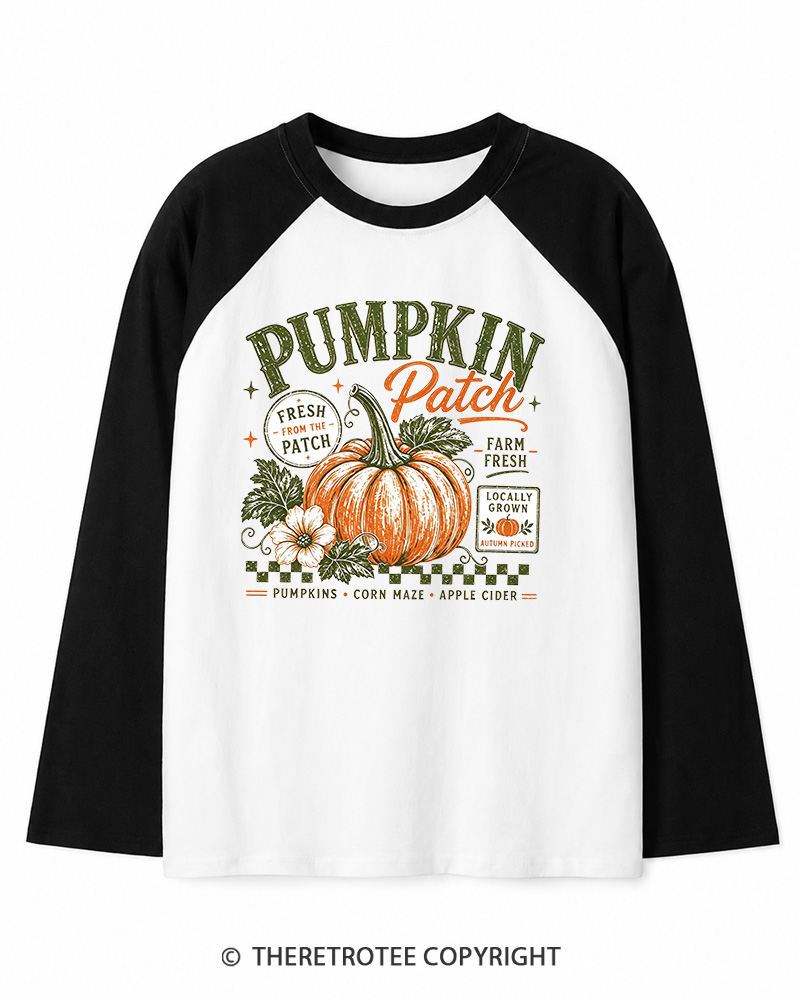 TheRetroTee Pumpkin Patch 1980s Long Sleeve Raglan T-Shirt