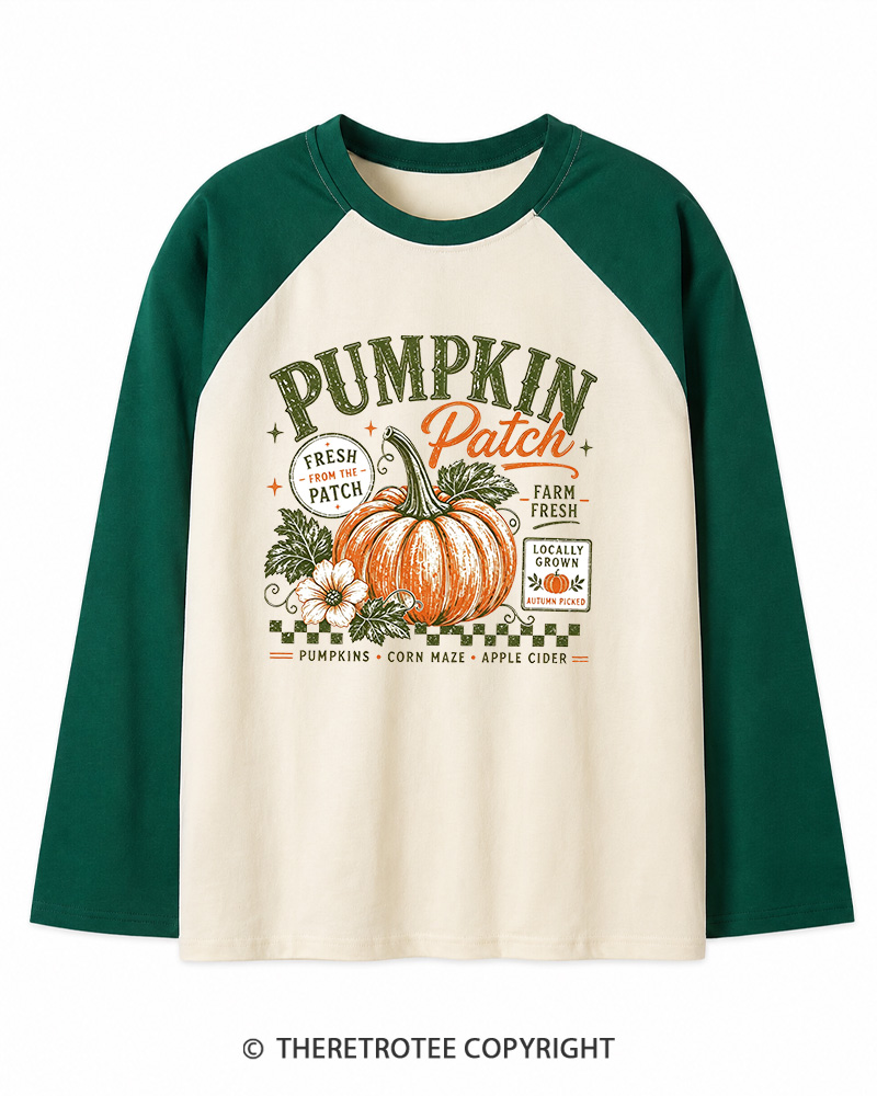 TheRetroTee Pumpkin Patch 1980s Long Sleeve Raglan T-Shirt