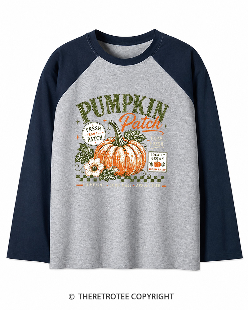 TheRetroTee Pumpkin Patch 1980s Long Sleeve Raglan T-Shirt