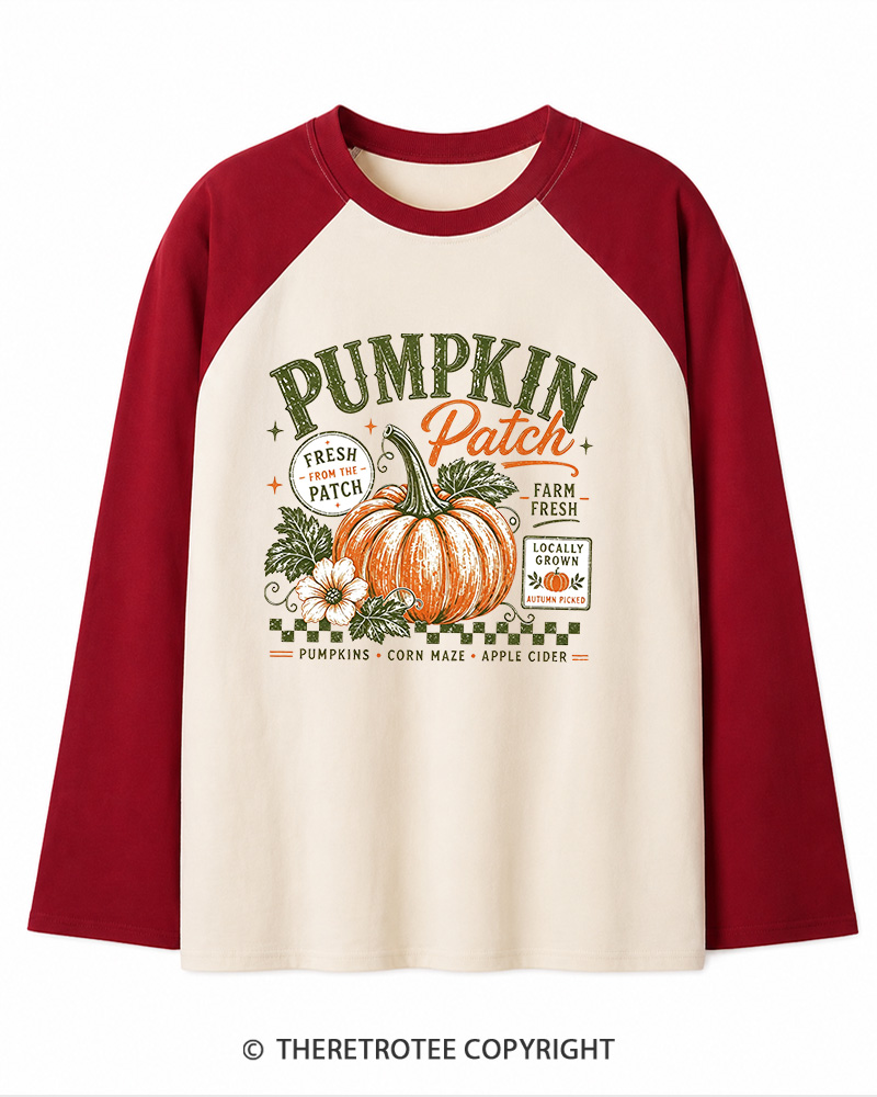 TheRetroTee Pumpkin Patch 1980s Long Sleeve Raglan T-Shirt