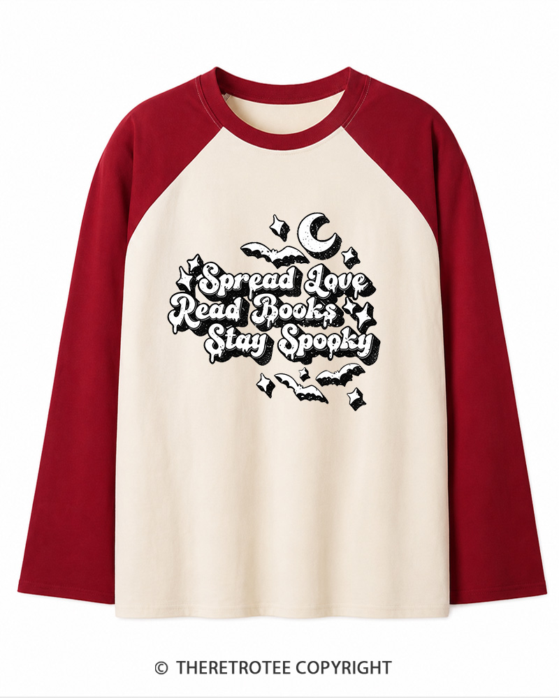 TheRetroTee Spread Love, Read Books, Stay Spooky 1970s Long Sleeve Raglan T-Shirt