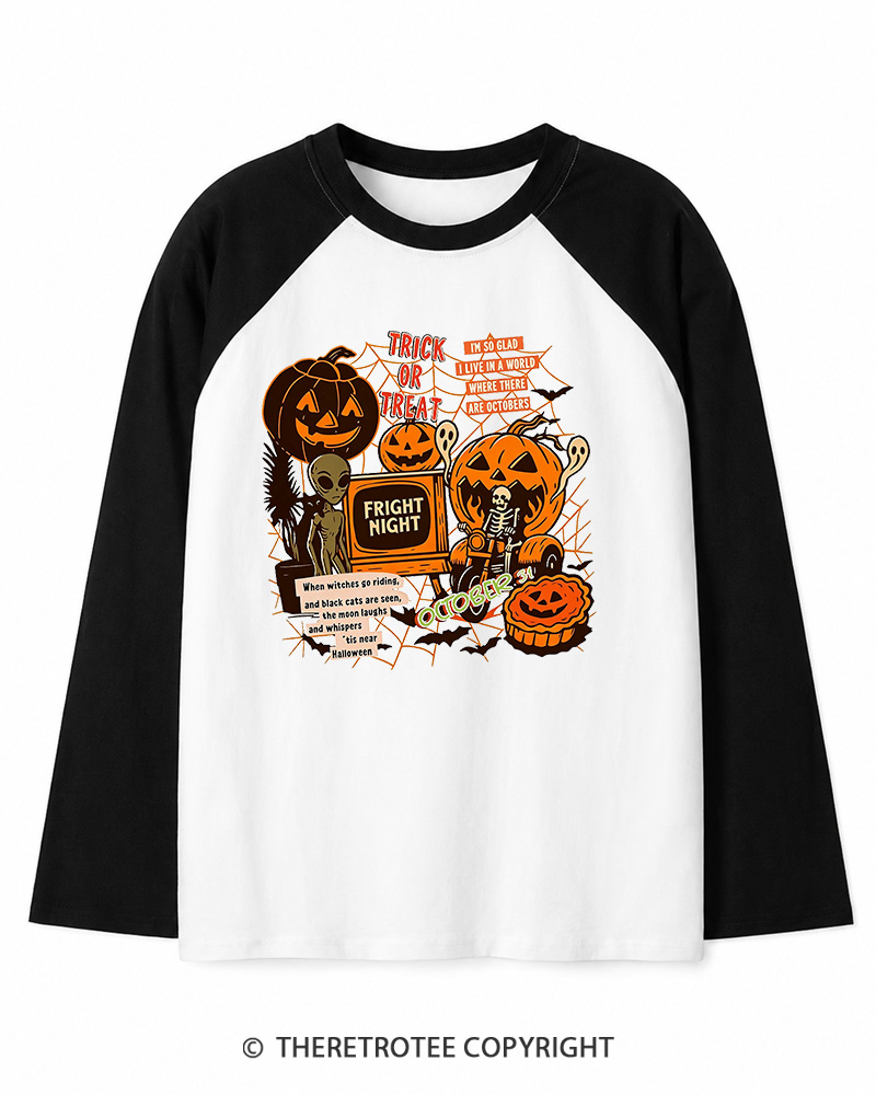 TheRetroTee Trick Or Treat  1980s Long Sleeve Raglan T-Shirt