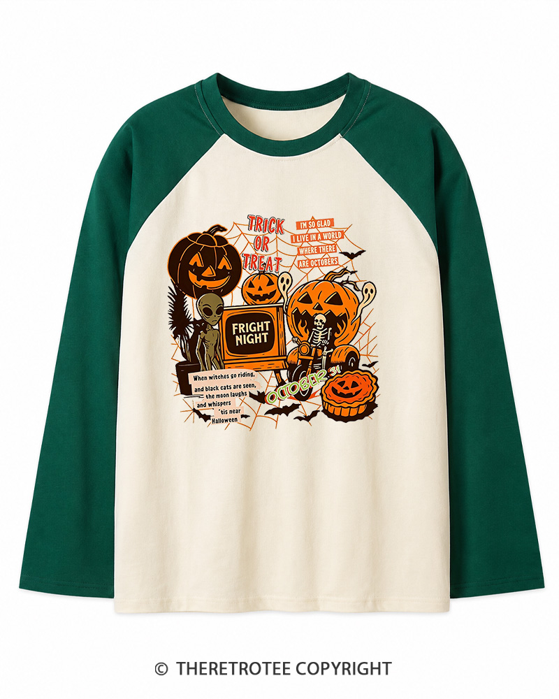 TheRetroTee Trick Or Treat  1980s Long Sleeve Raglan T-Shirt