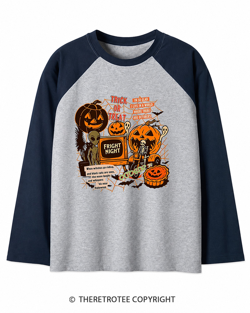 TheRetroTee Trick Or Treat  1980s Long Sleeve Raglan T-Shirt