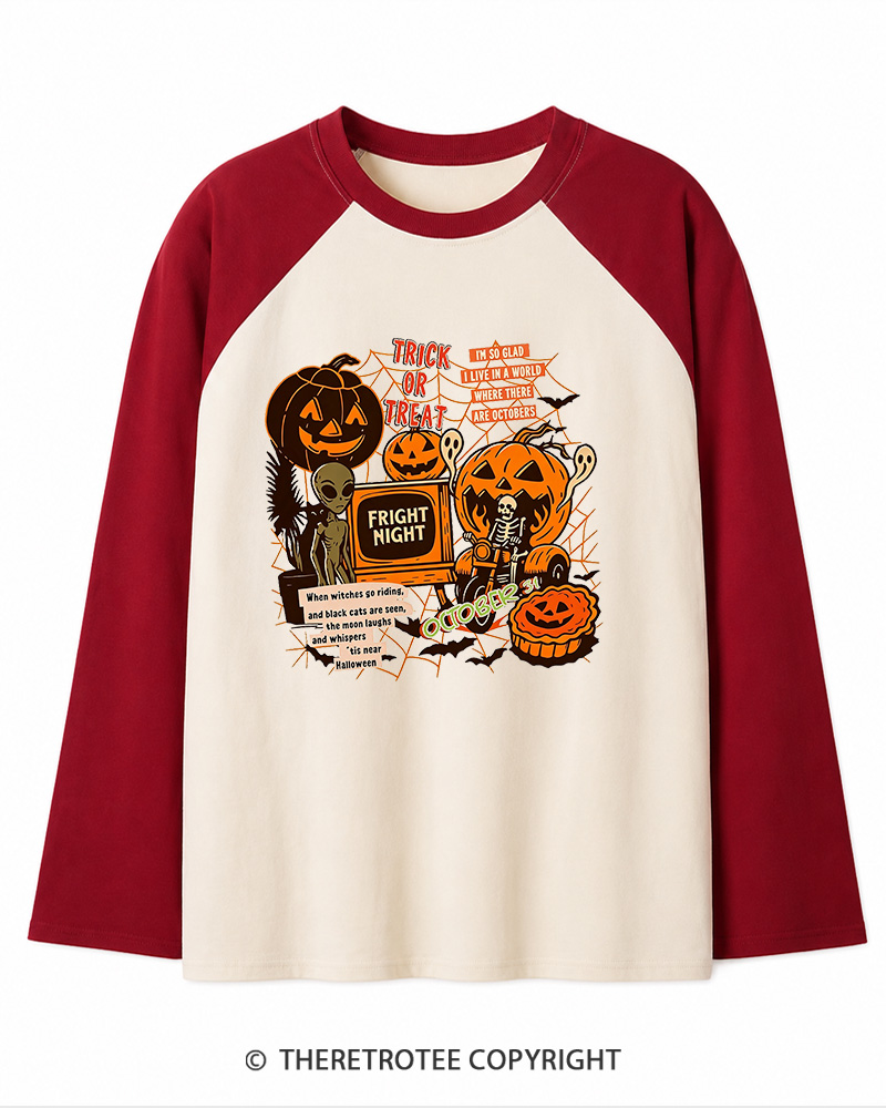 TheRetroTee Trick Or Treat  1980s Long Sleeve Raglan T-Shirt