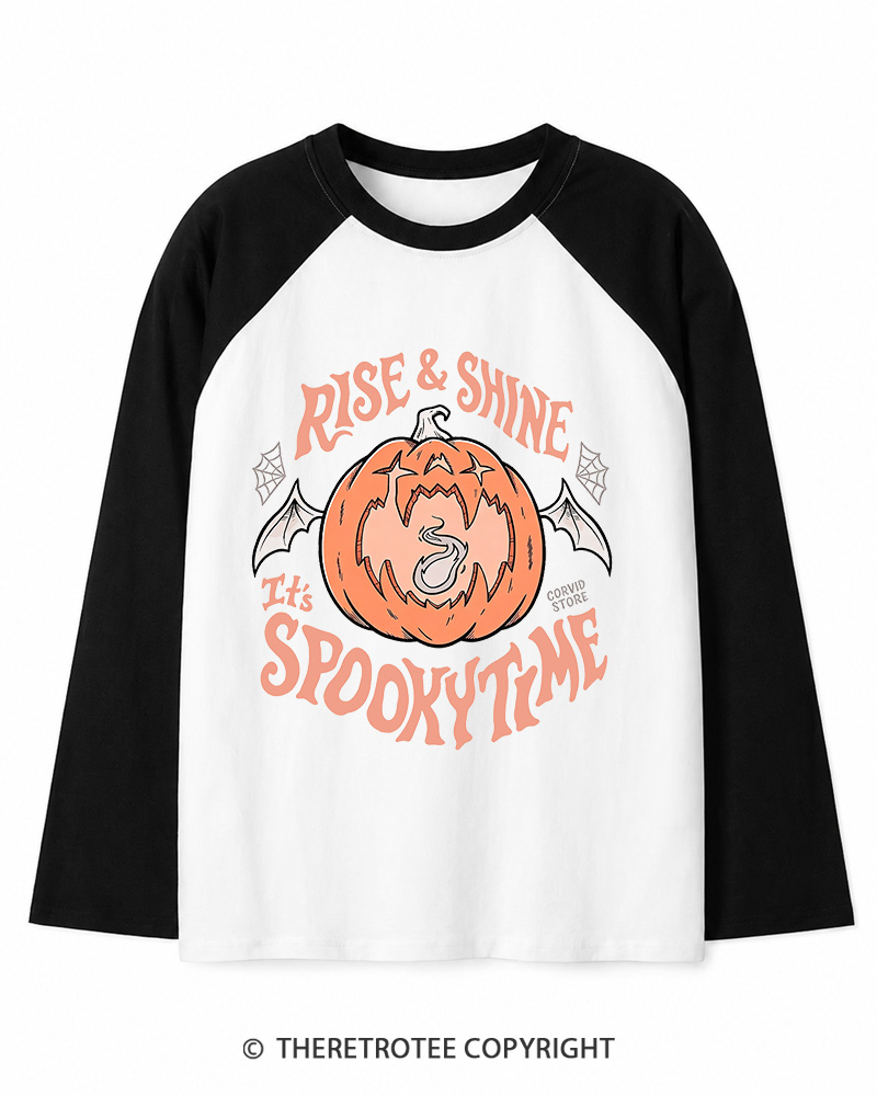 TheRetroTee Rise & Shine It’s Spooky Time 1980s Long Sleeve Raglan T-Shirt