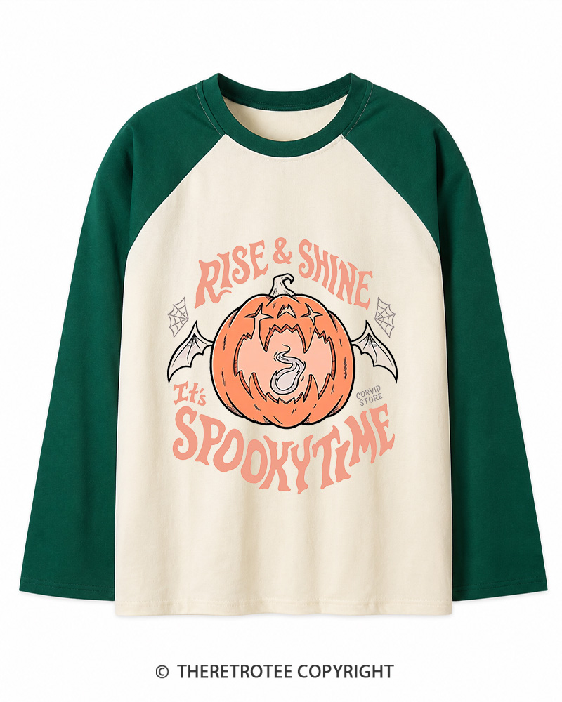 TheRetroTee Rise & Shine It’s Spooky Time 1980s Long Sleeve Raglan T-Shirt