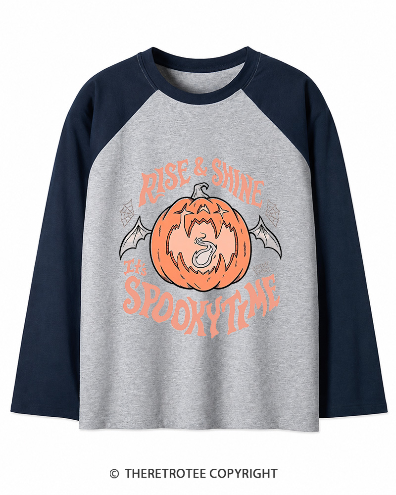 TheRetroTee Rise & Shine It’s Spooky Time 1980s Long Sleeve Raglan T-Shirt