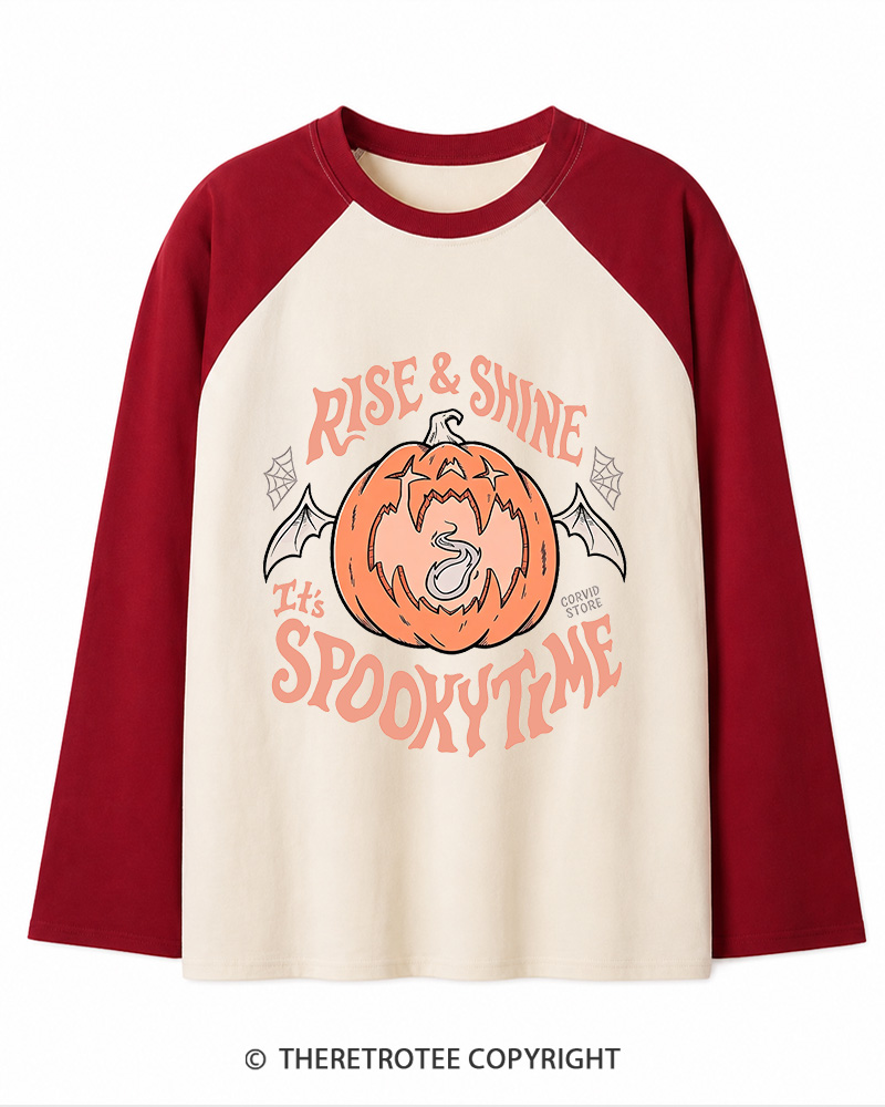 TheRetroTee Rise & Shine It’s Spooky Time 1980s Long Sleeve Raglan T-Shirt