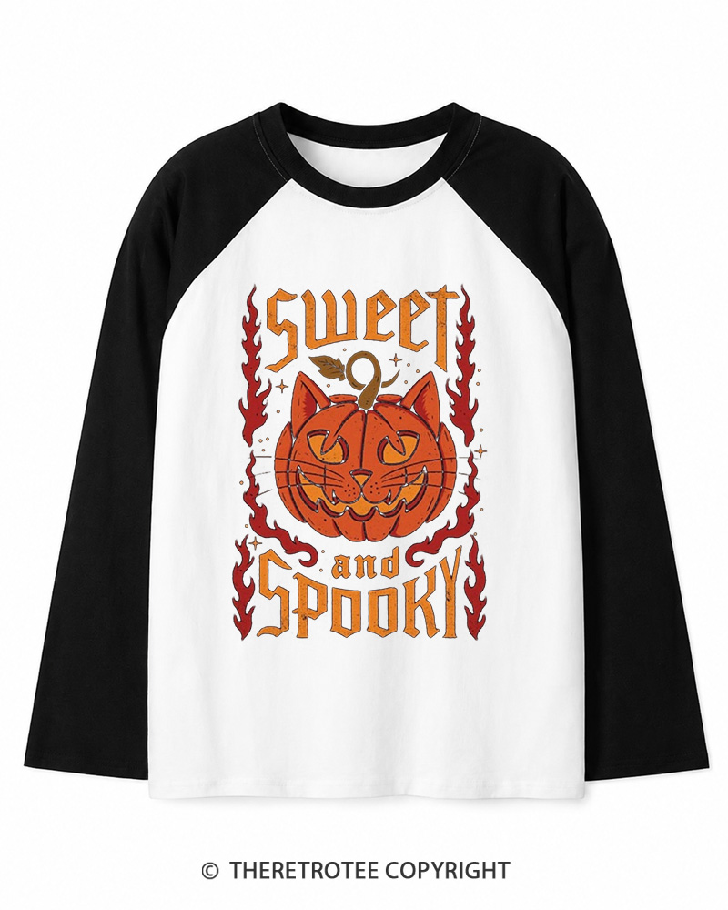TheRetroTee Cute Ghost Pumpkin 1990s Long Sleeve Raglan T-Shirt