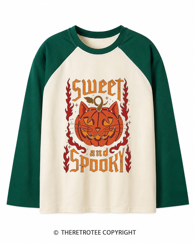 TheRetroTee Cute Ghost Pumpkin 1990s Long Sleeve Raglan T-Shirt