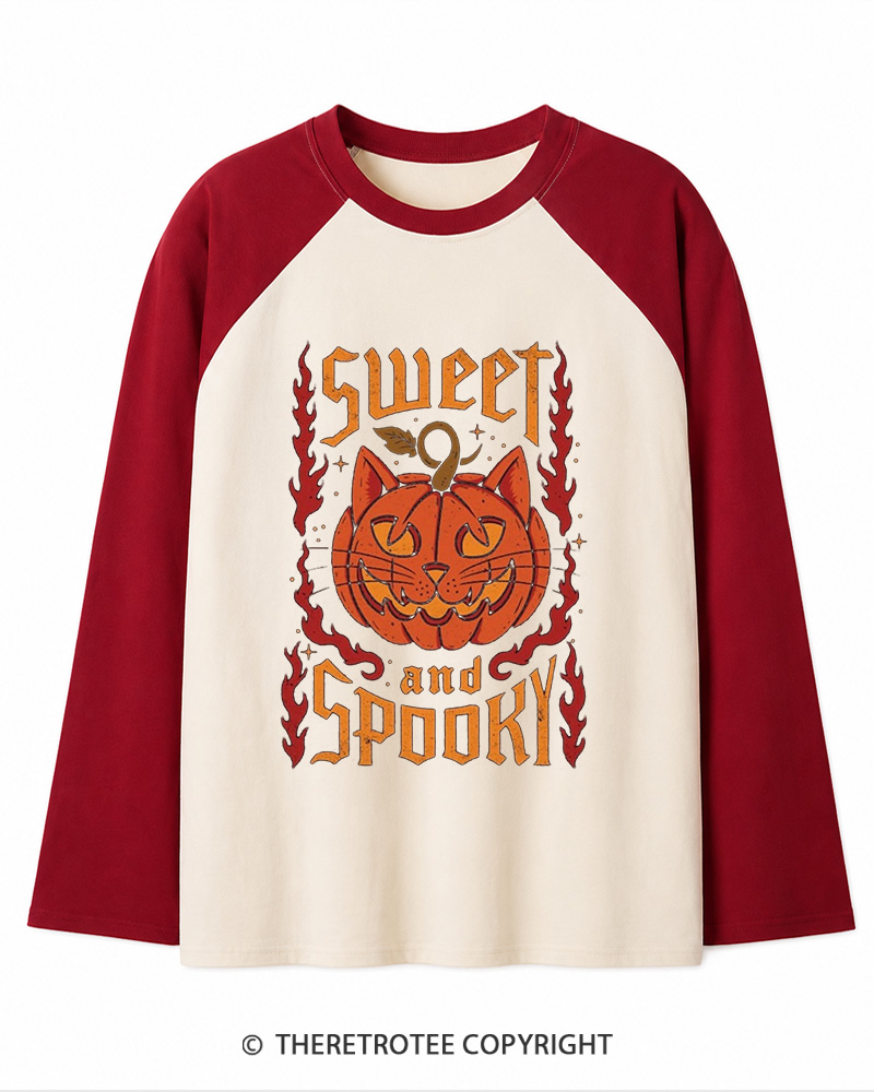 TheRetroTee Cute Ghost Pumpkin 1990s Long Sleeve Raglan T-Shirt
